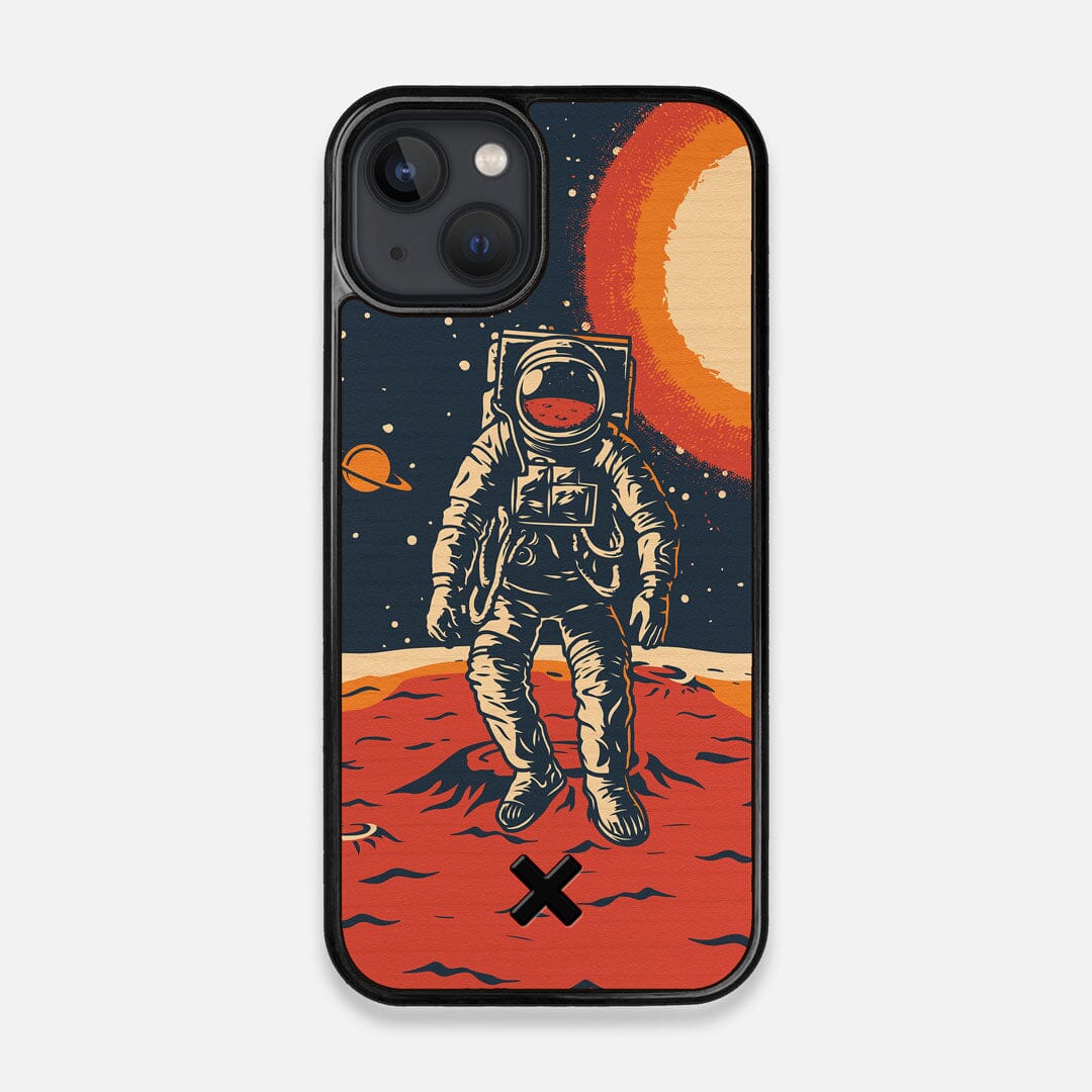 Front view of the stylized astronaut space-walk print on Cherry wood iPhone 13 MagSafe Case by Keyway Designs
