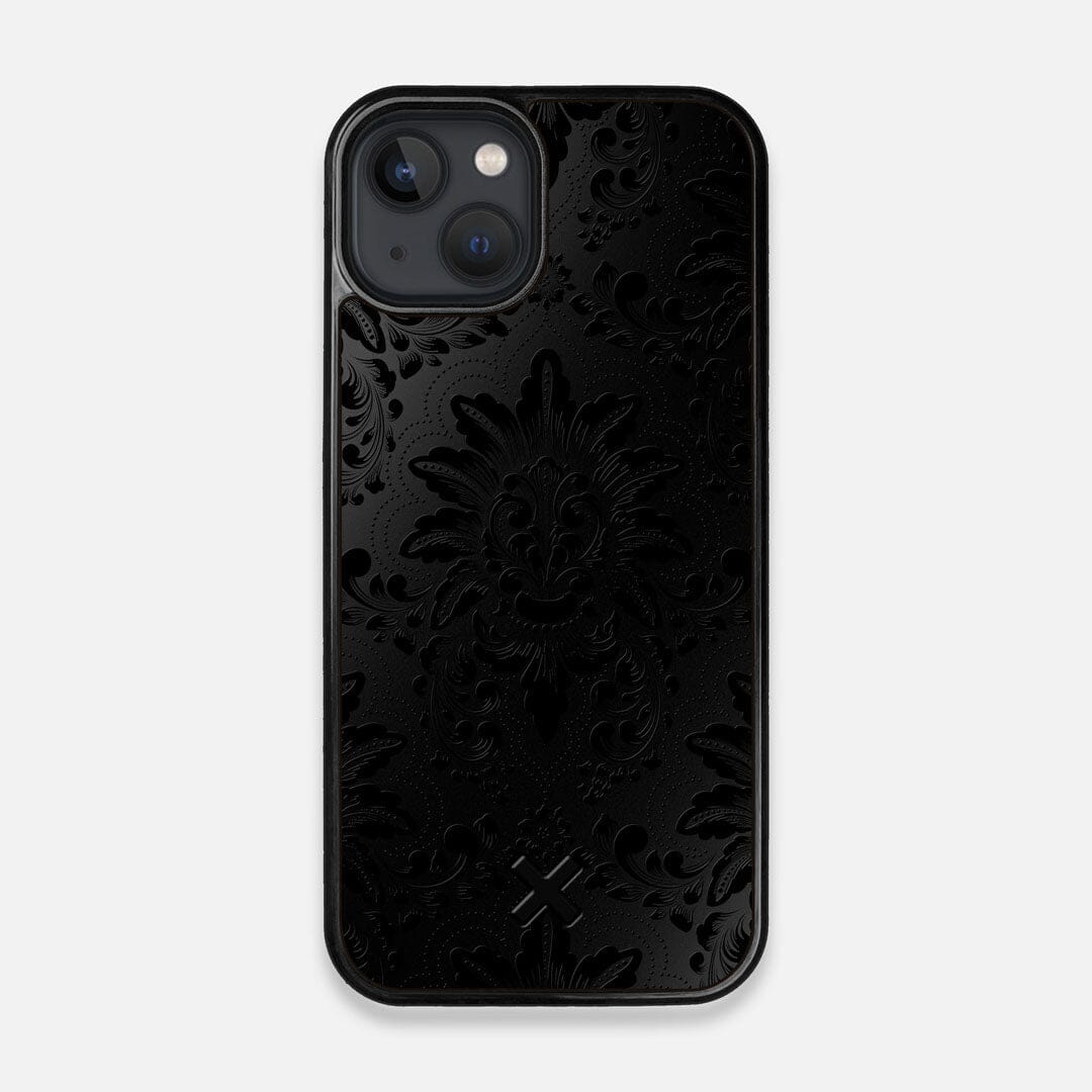 Front view of the detailed gloss Damask pattern printed on matte black impact acrylic iPhone 13 MagSafe Case by Keyway Designs