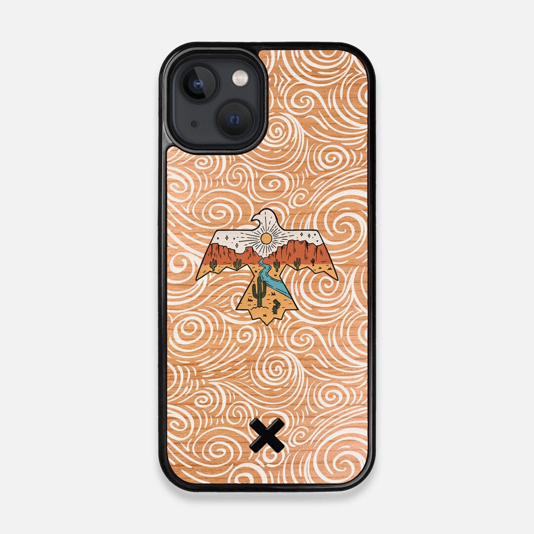 Front view of the double-exposure style eagle over flowing gusts of wind printed on Cherry wood iPhone 13 MagSafe Case by Keyway Designs