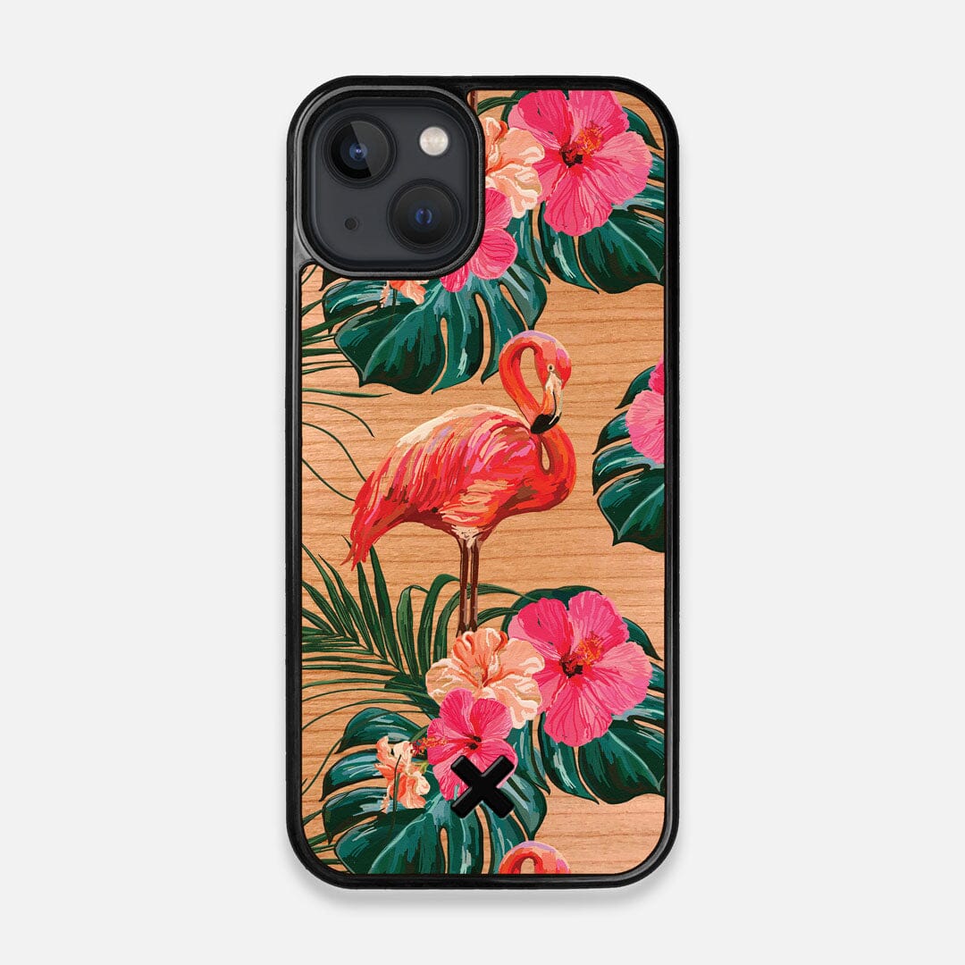 Front view of the Flamingo & Floral printed Cherry Wood iPhone 13 MagSafe Case by Keyway Designs