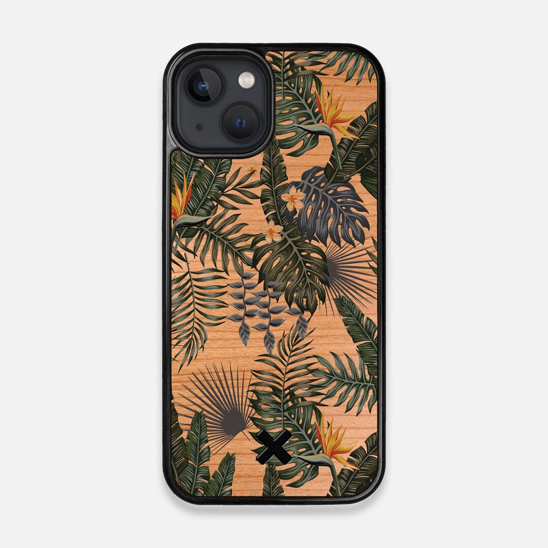 Front view of the Floral tropical leaf printed Cherry Wood iPhone 13 MagSafe Case by Keyway Designs
