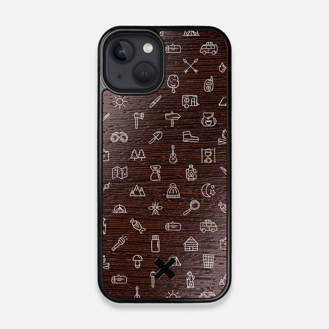 Front view of the fun detailed camping icon print on Wenge wood iPhone 13 MagSafe Case by Keyway Designs