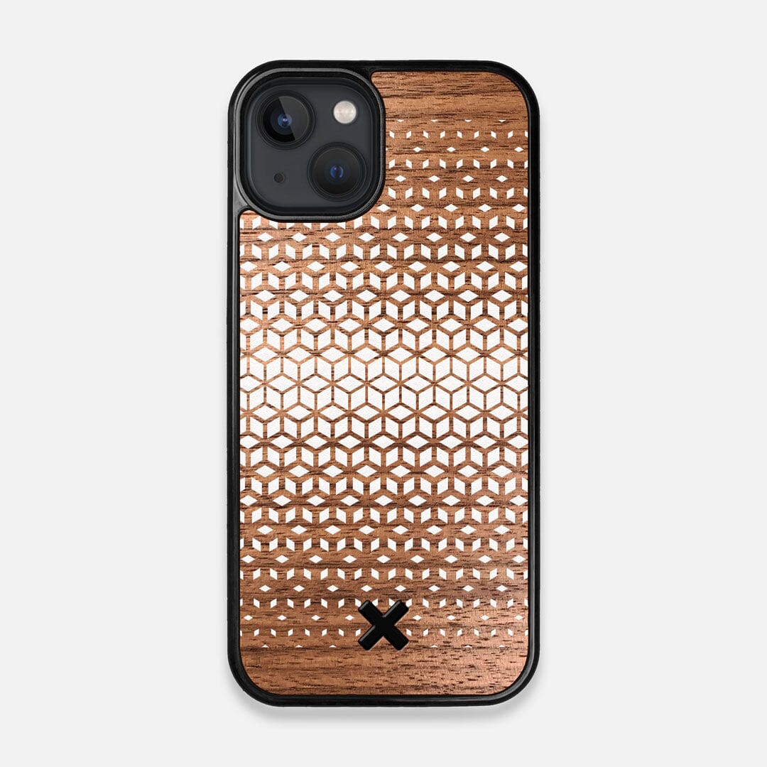 Front view of the white ink geometric gradient printed on Walnut wood iPhone 13 MagSafe Case by Keyway Designs