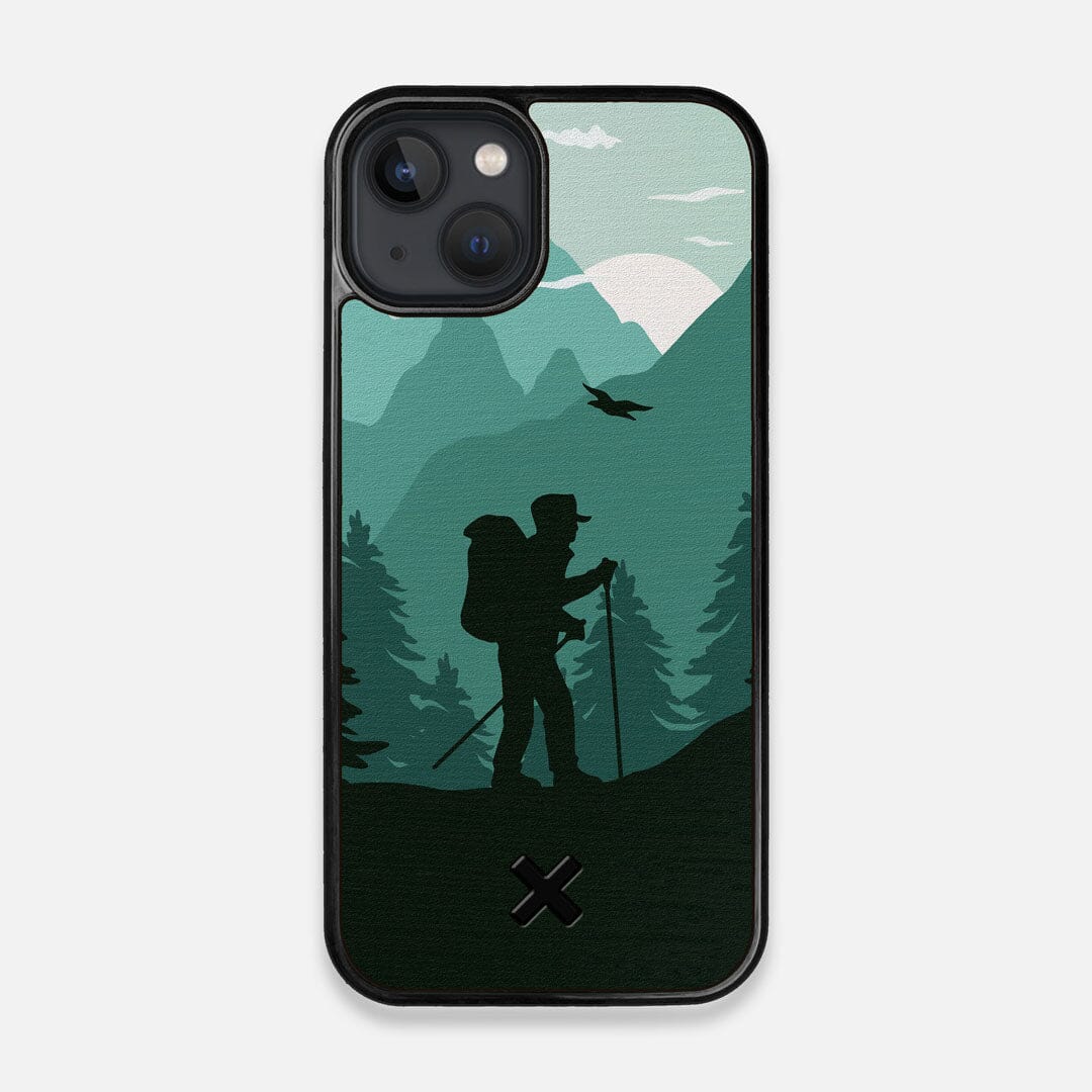 Front view of the stylized mountain hiker print on Wenge wood iPhone 13 MagSafe Case by Keyway Designs