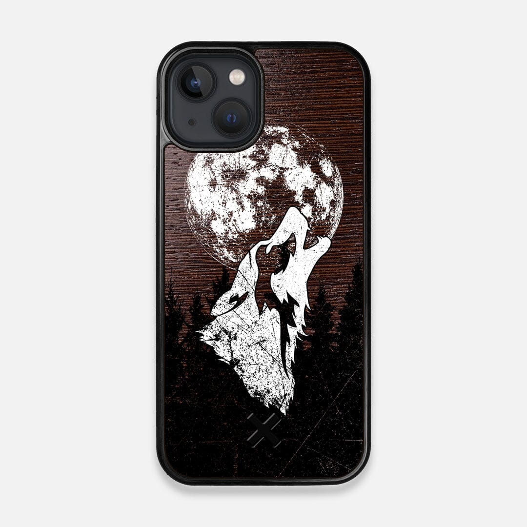 Front view of the high-contrast howling wolf on a full moon printed on a Wenge Wood iPhone 13 MagSafe Case by Keyway Designs