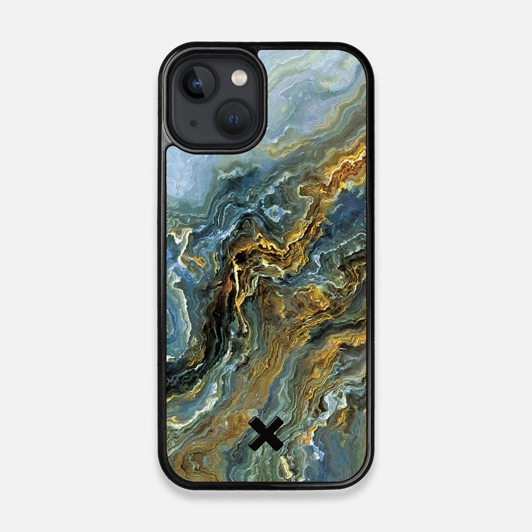 Front view of the vibrant and rich Blue & Gold flowing marble pattern printed Wenge Wood iPhone 13 MagSafe Case by Keyway Designs