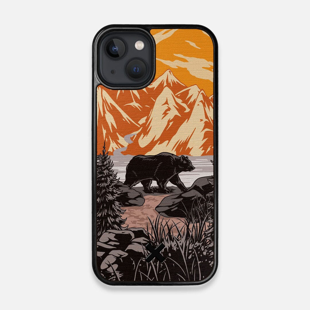 Front view of the stylized Kodiak bear in the mountains print on Wenge wood iPhone 13 MagSafe Case by Keyway Designs