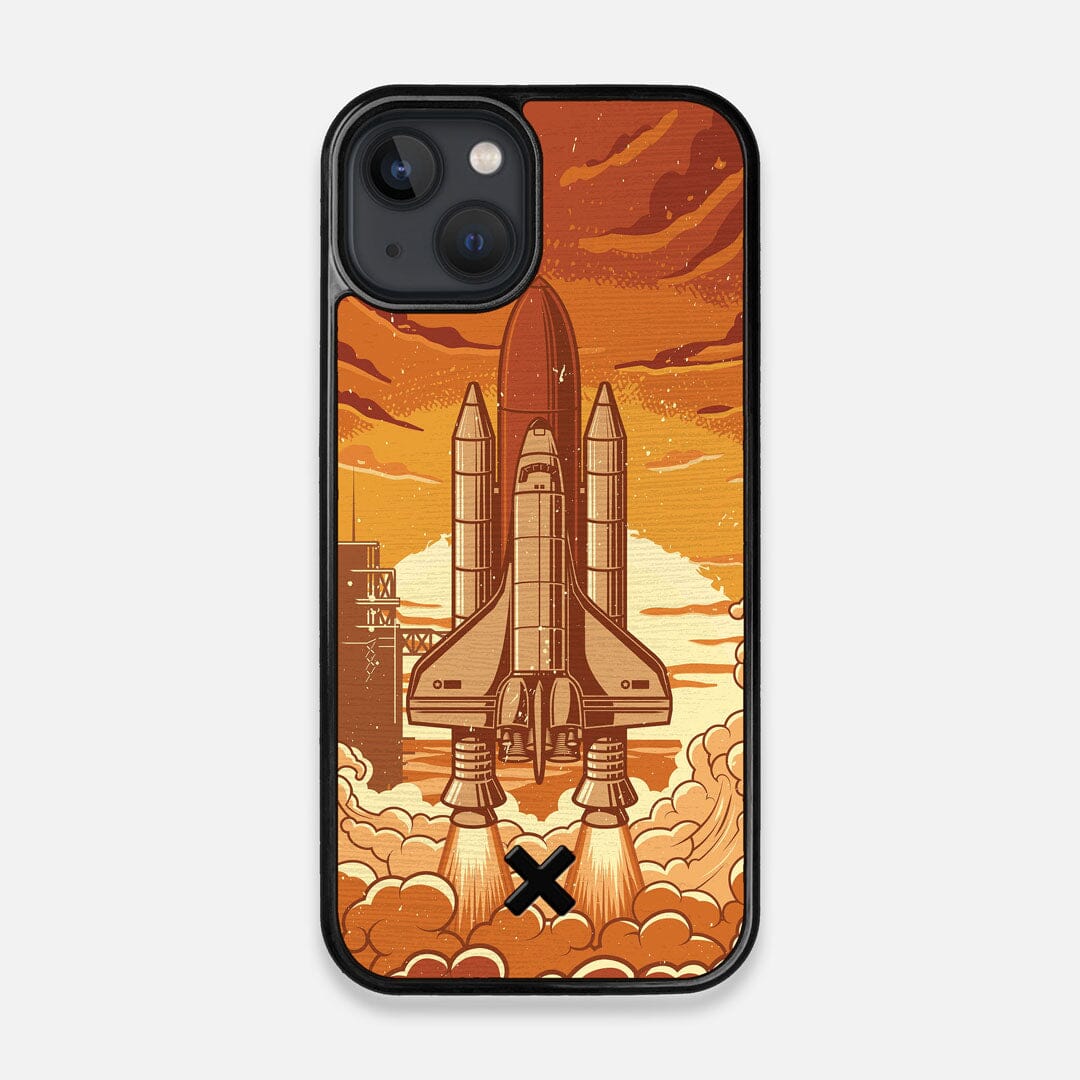 Front view of the vibrant stylized space shuttle launch print on Wenge wood iPhone 13 MagSafe Case by Keyway Designs