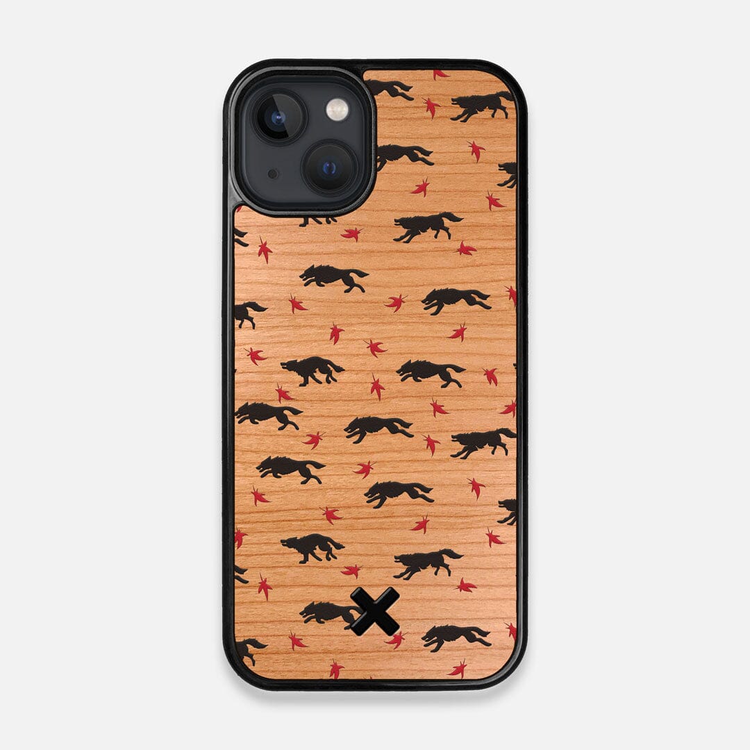 Front view of the unique pattern of wolves and Maple leaves printed on Cherry wood iPhone 13 MagSafe Case by Keyway Designs