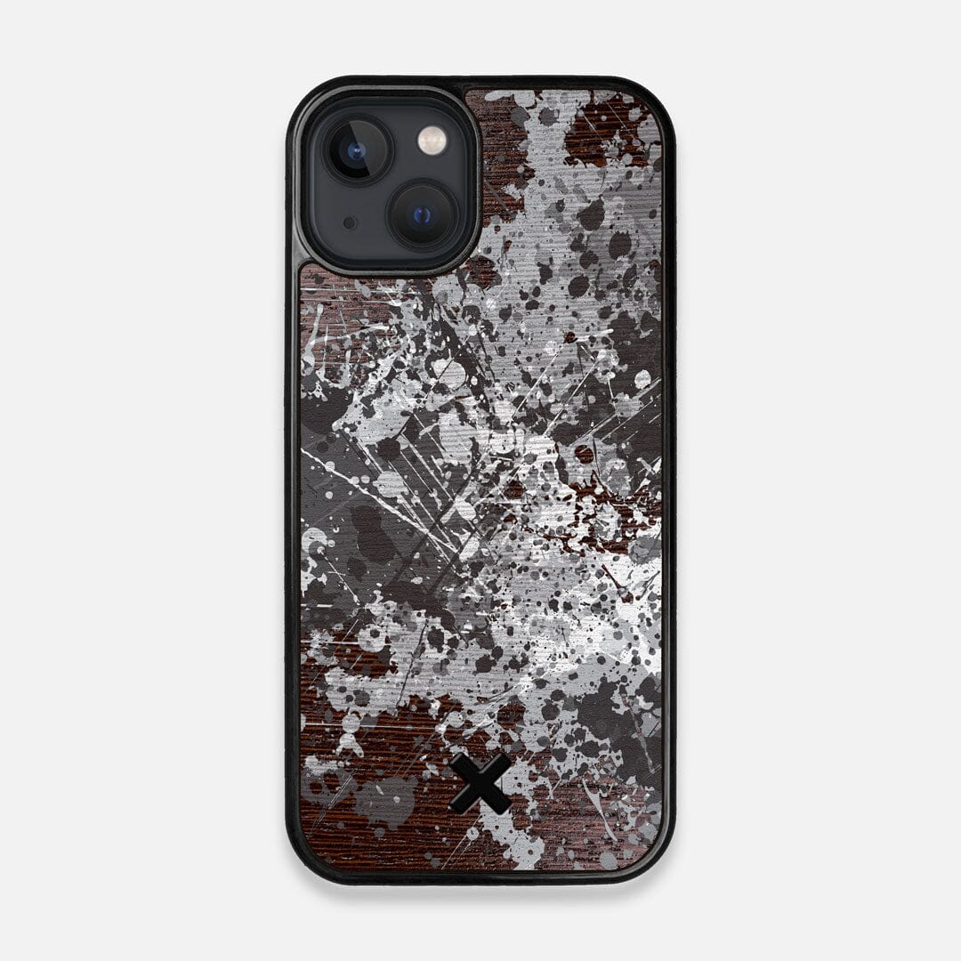 Front view of the aggressive, monochromatic splatter pattern overprintedprinted Wenge Wood iPhone 13 MagSafe Case by Keyway Designs