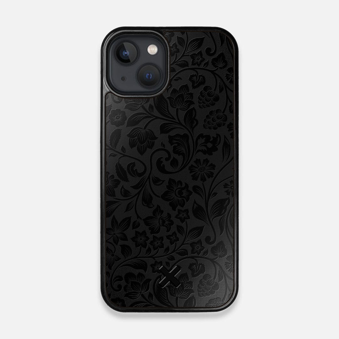 Front view of the highly detailed midnight floral engraving on matte black impact acrylic iPhone 13 MagSafe Case by Keyway Designs