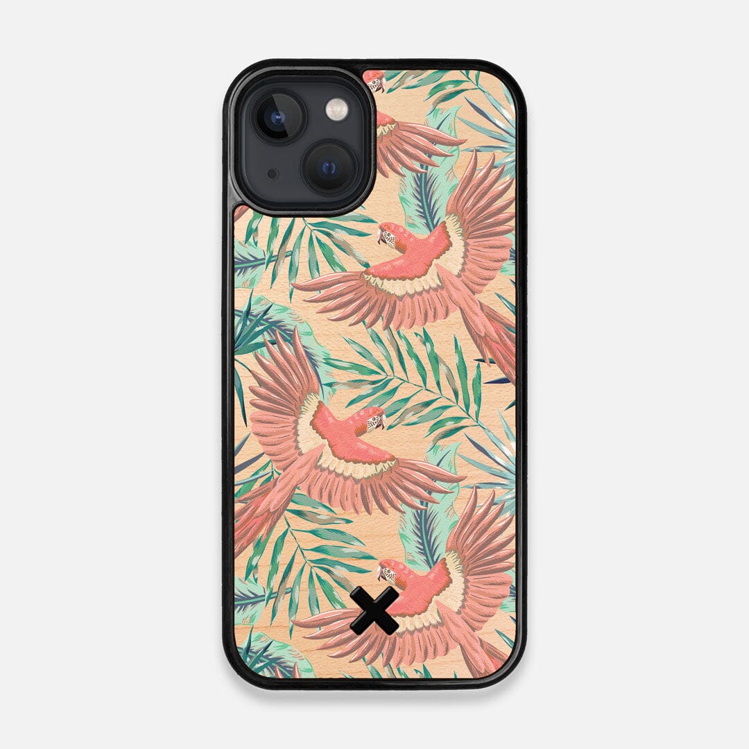 Front view of the Paradise Macaw and Tropical Leaf printed Maple Wood iPhone 13 MagSafe Case by Keyway Designs