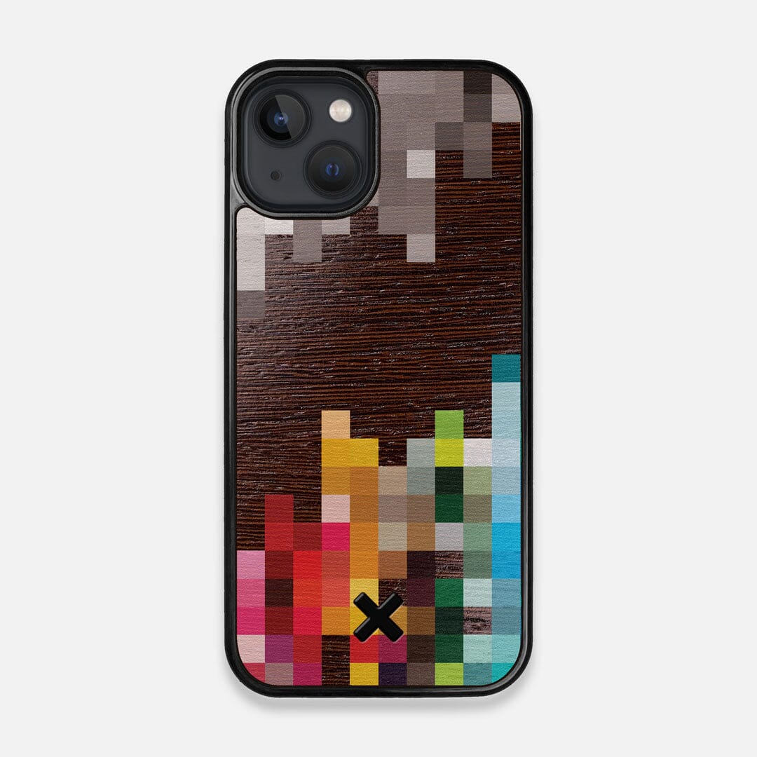 Front view of the digital art inspired pixelation design on Wenge wood iPhone 13 MagSafe Case by Keyway Designs