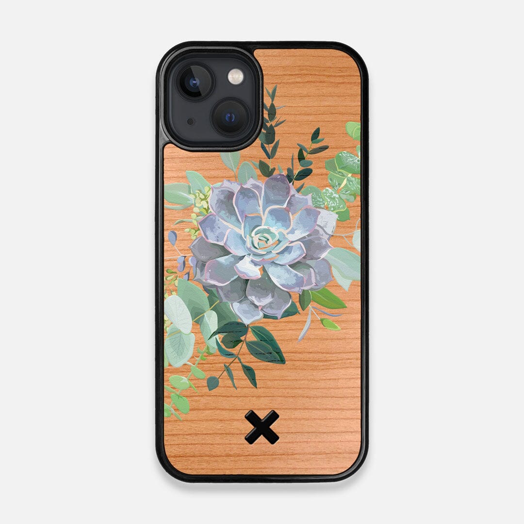 Front view of the print centering around a succulent, Echeveria Pollux on Cherry wood iPhone 13 MagSafe Case by Keyway Designs
