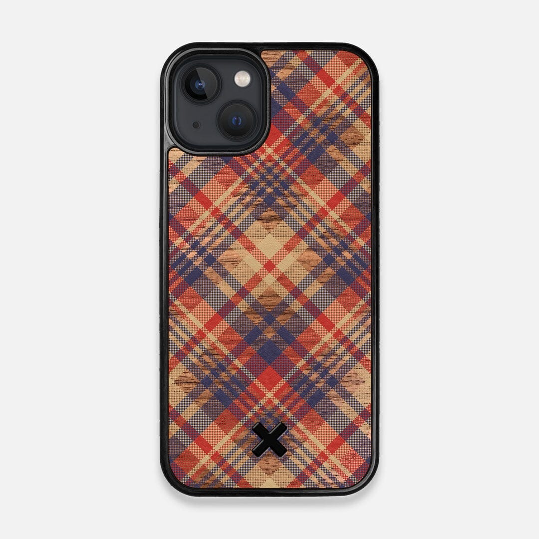 Front view of the Tartan print of beige, blue, and red on Walnut wood iPhone 13 MagSafe Case by Keyway Designs