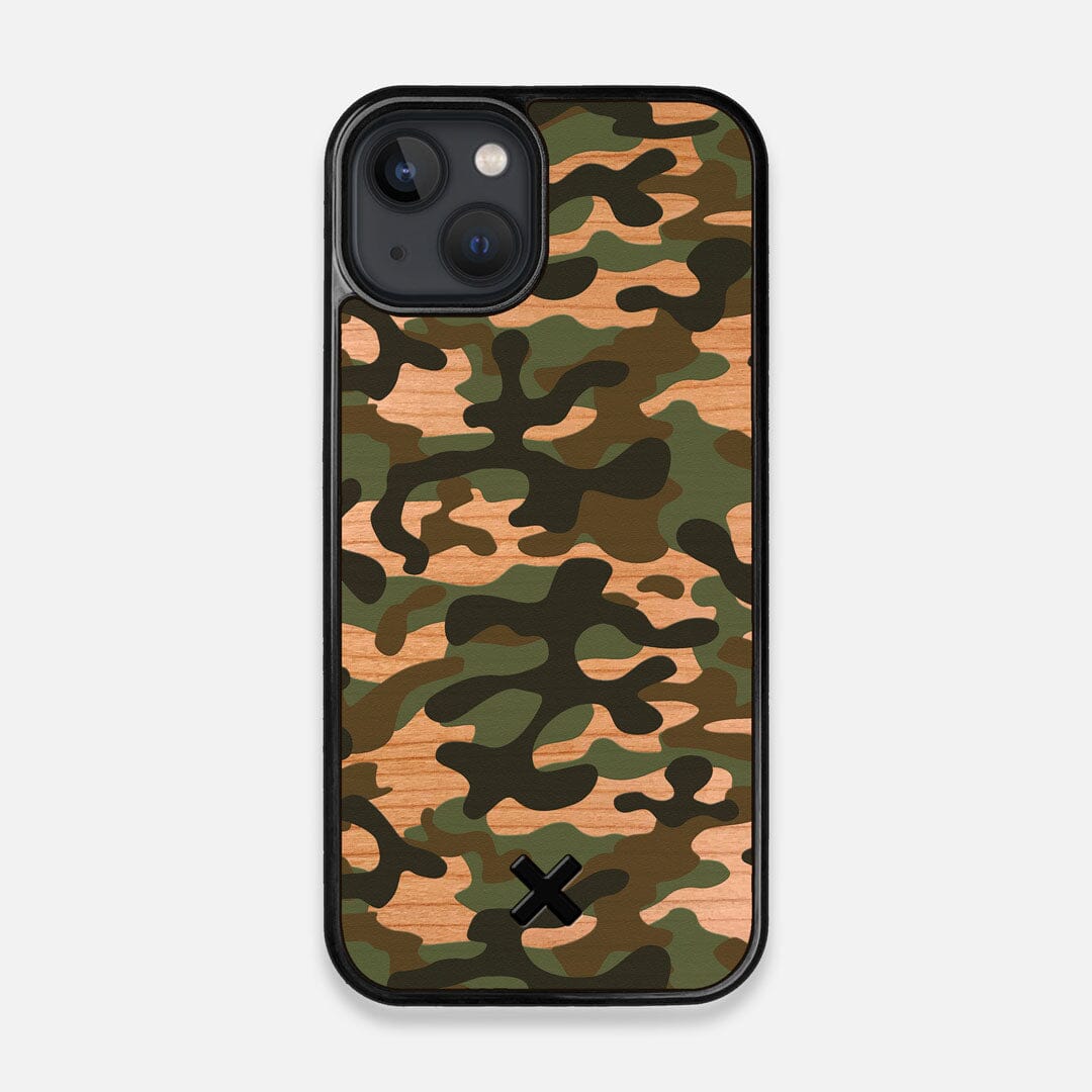 Front view of the stealth Paratrooper camo printed Wenge Wood iPhone 13 MagSafe Case by Keyway Designs