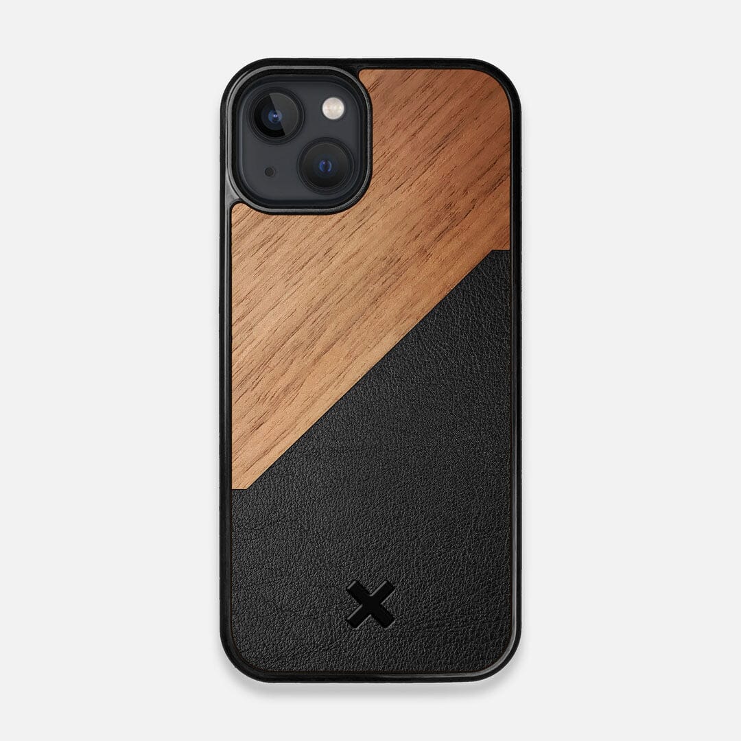 Front view of the Walnut Rift Elegant Wood & Leather iPhone 13 Case by Keyway Designs
