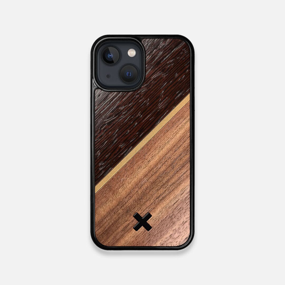 Front view of the Alium Walnut, Gold, and Wenge Elegant Wood iPhone 13 Mini Case by Keyway Designs