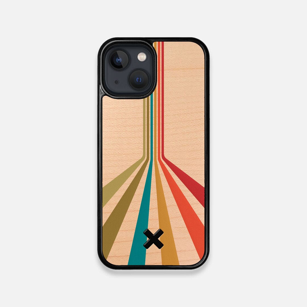 Front view of the array of colour beams splitting across the case printed on Maple wood iPhone 13 Mini Case by Keyway Designs