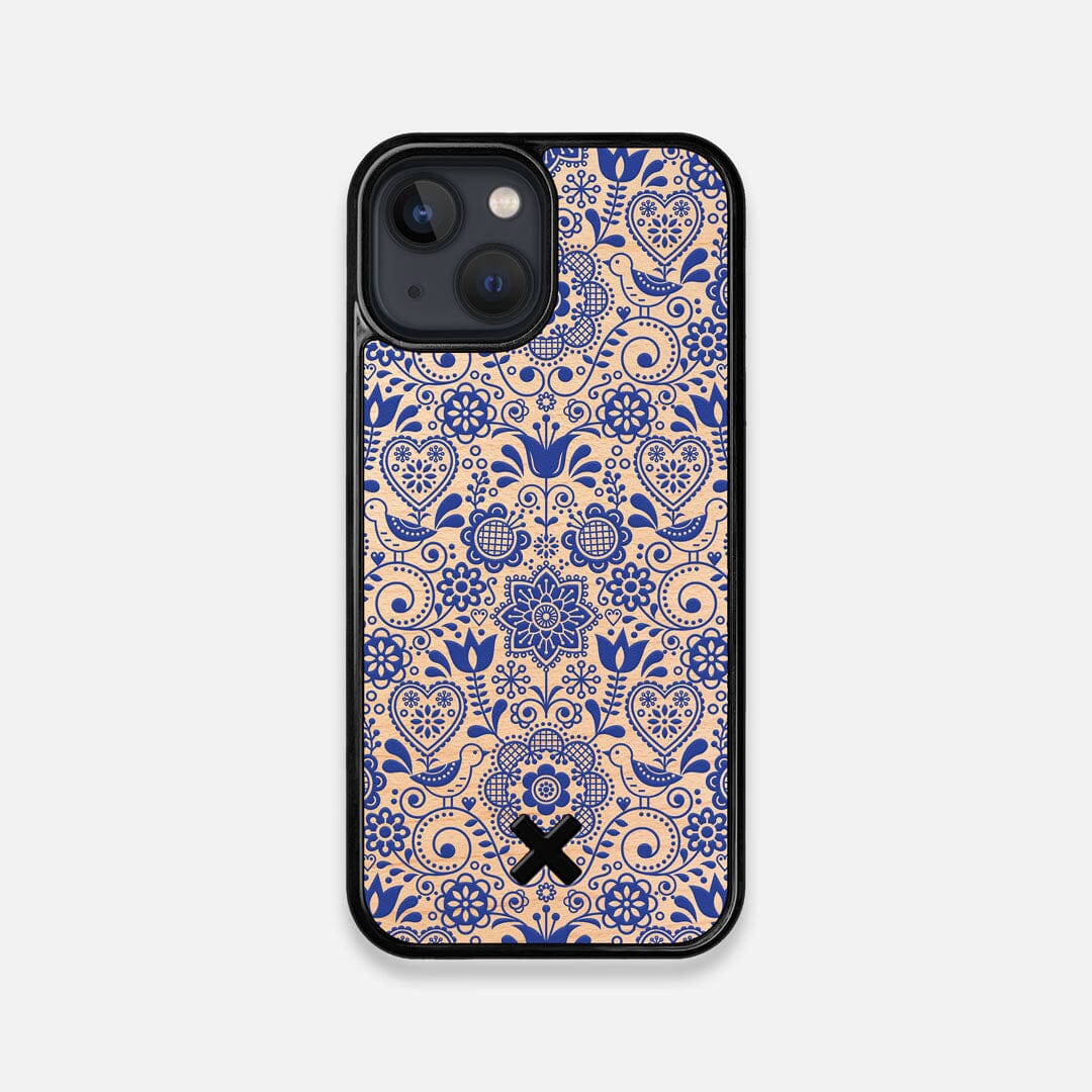 Front view of the blue floral pattern on maple wood iPhone 13 Mini Case by Keyway Designs