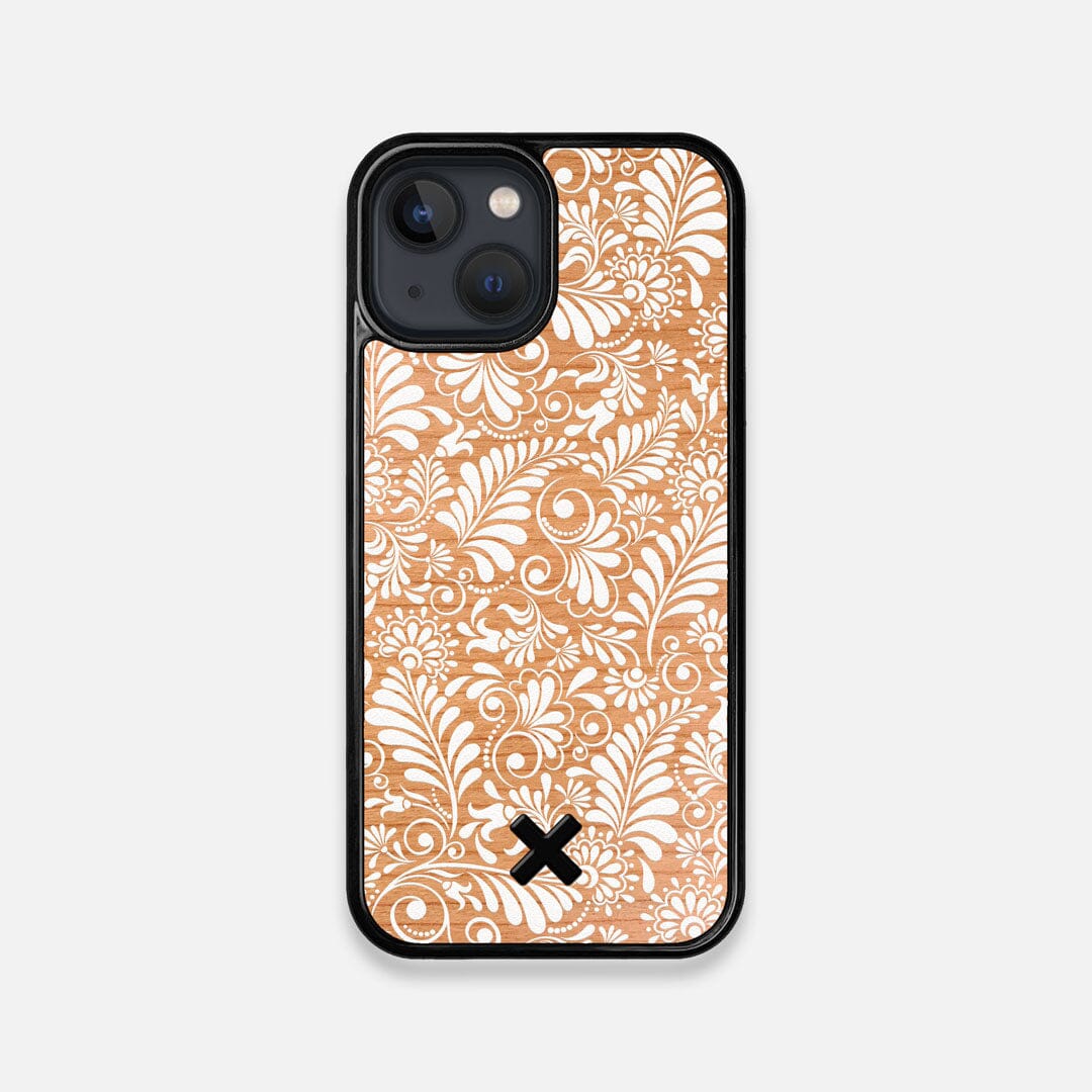 Front view of the white ink flowing botanical print on Cherry wood iPhone 13 Mini Case by Keyway Designs