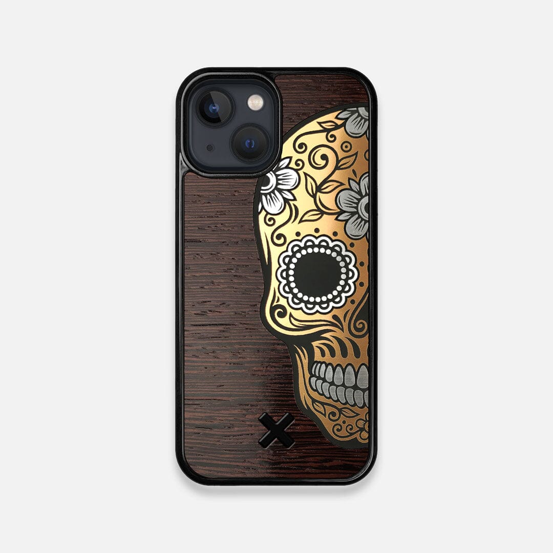 Front view of the Calavera Wood Sugar Skull Wood iPhone 13 Mini Case by Keyway Designs