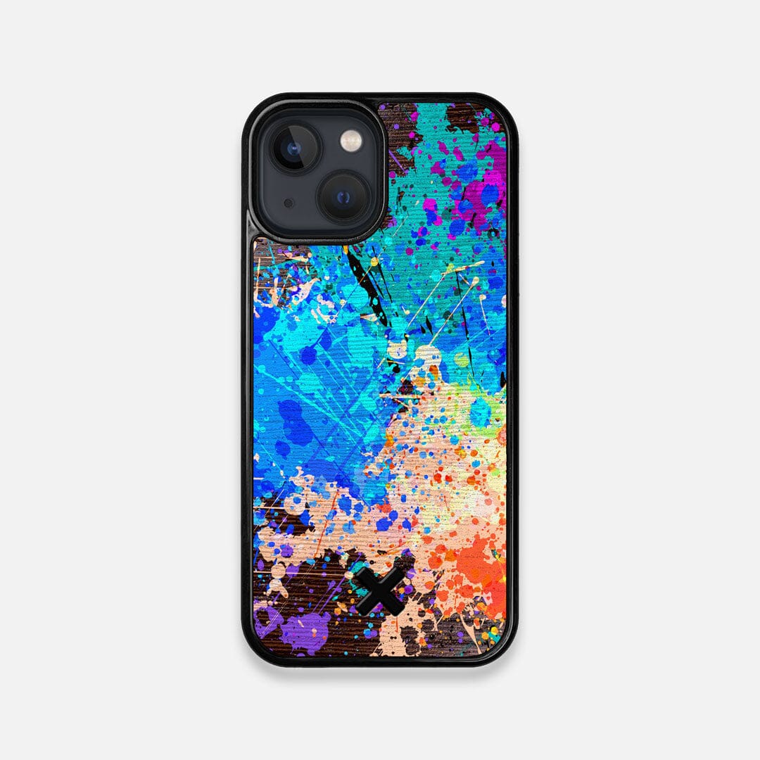 Front view of the realistic paint splatter 'Chroma' printed Wenge Wood iPhone 13 Mini Case by Keyway Designs