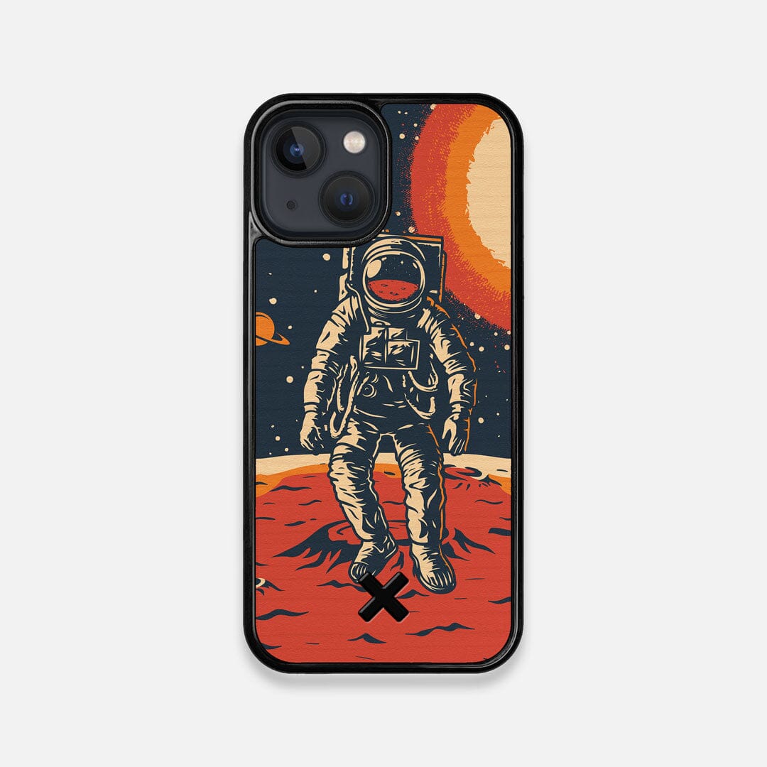 Front view of the stylized astronaut space-walk print on Cherry wood iPhone 13 Mini Case by Keyway Designs