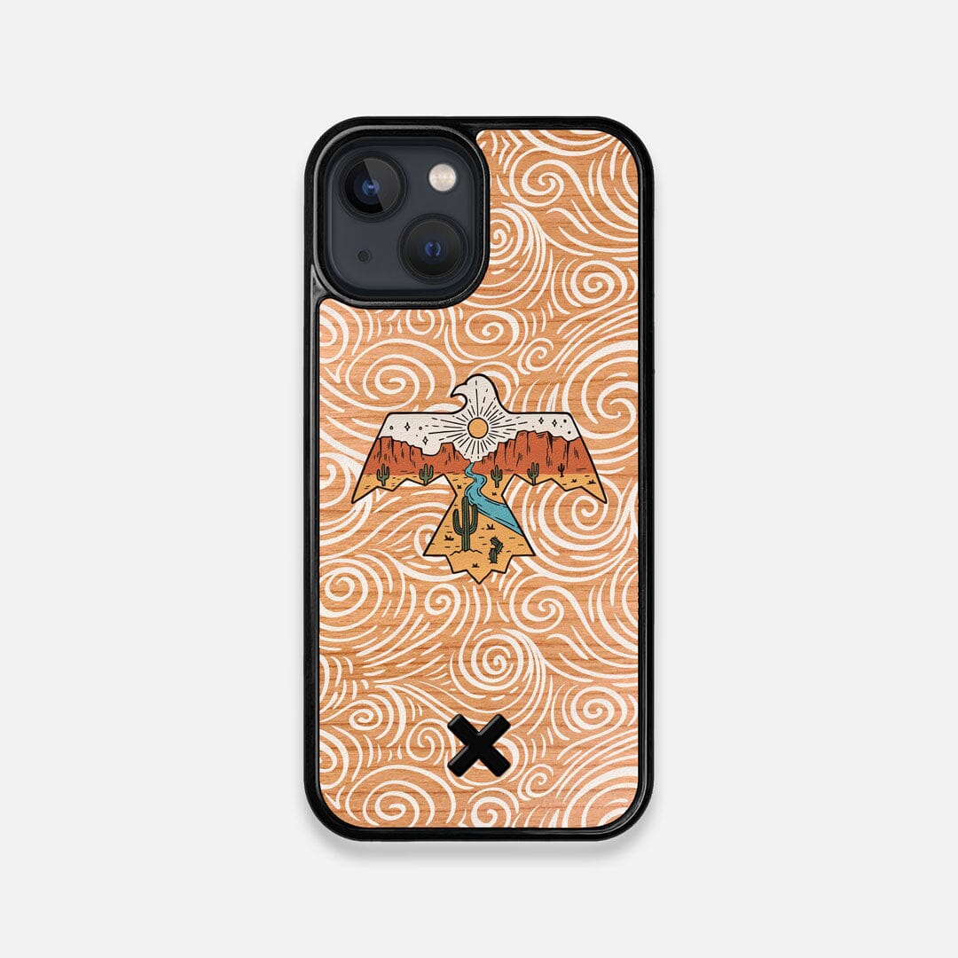 Front view of the double-exposure style eagle over flowing gusts of wind printed on Cherry wood iPhone 13 Mini Case by Keyway Designs