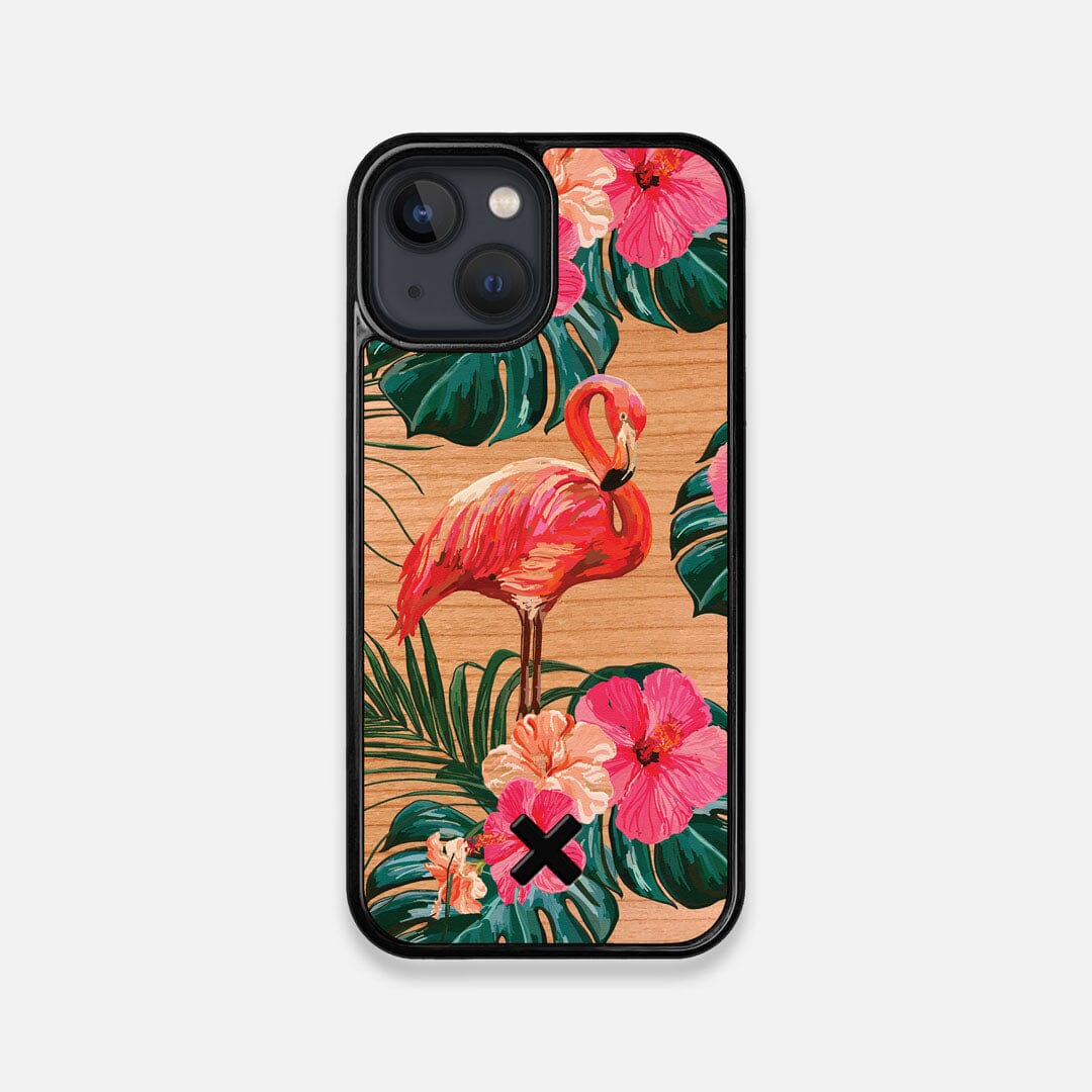 Front view of the Flamingo & Floral printed Cherry Wood iPhone 13 Mini Case by Keyway Designs