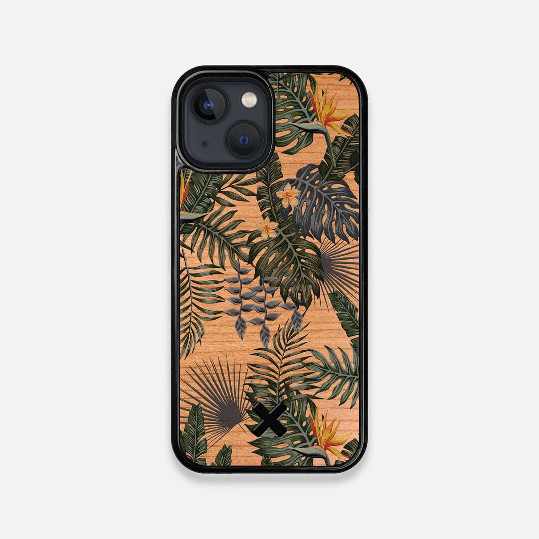 Front view of the Floral tropical leaf printed Cherry Wood iPhone 13 Mini Case by Keyway Designs