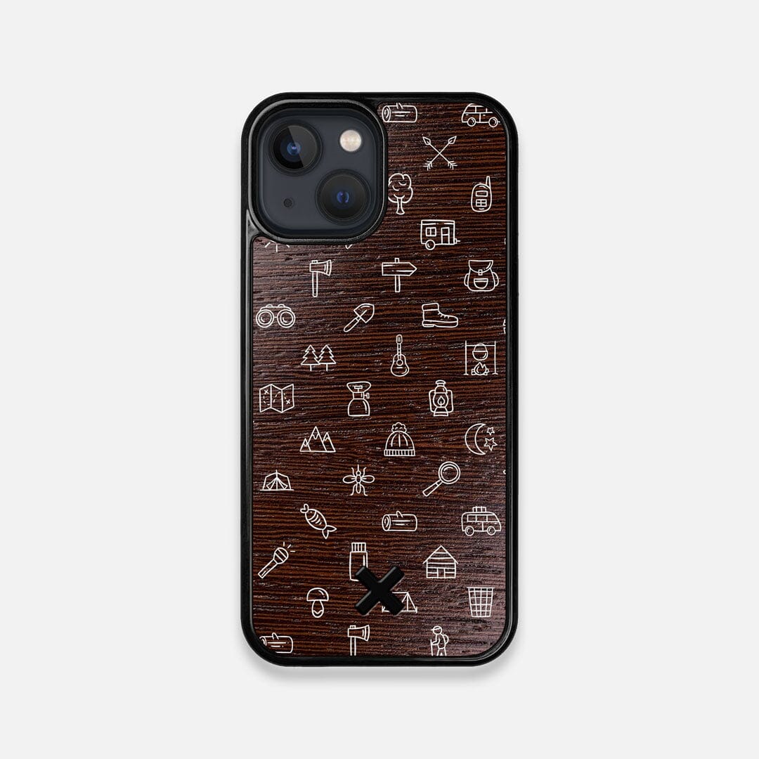 Front view of the fun detailed camping icon print on Wenge wood iPhone 13 Mini Case by Keyway Designs