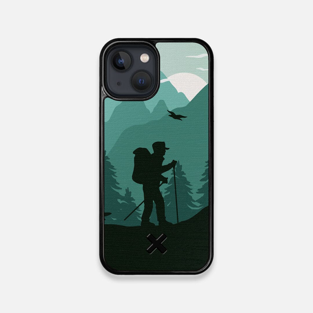 Front view of the stylized mountain hiker print on Wenge wood iPhone 13 Mini Case by Keyway Designs
