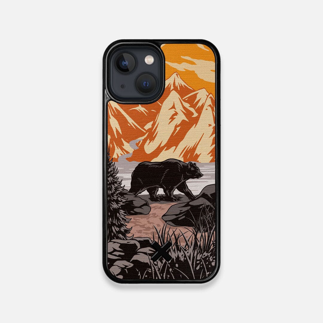 Front view of the stylized Kodiak bear in the mountains print on Wenge wood iPhone 13 Mini Case by Keyway Designs