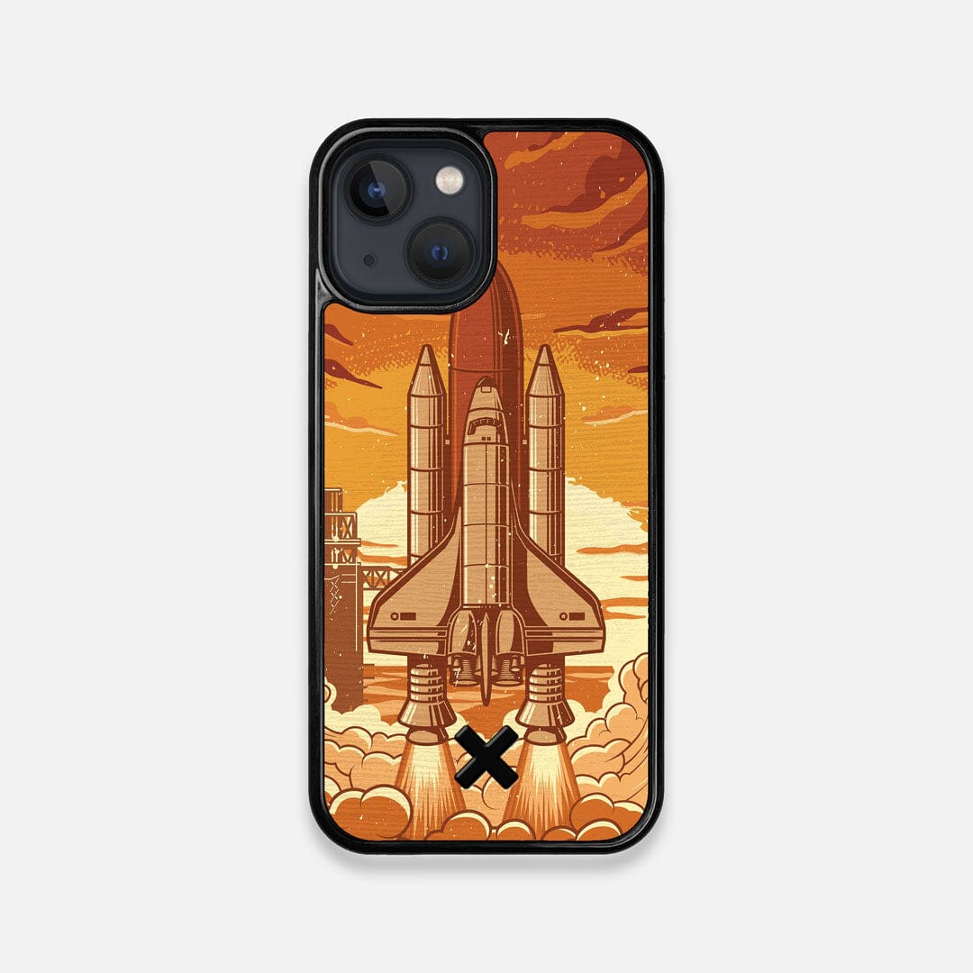 Front view of the vibrant stylized space shuttle launch print on Wenge wood iPhone 13 Mini Case by Keyway Designs