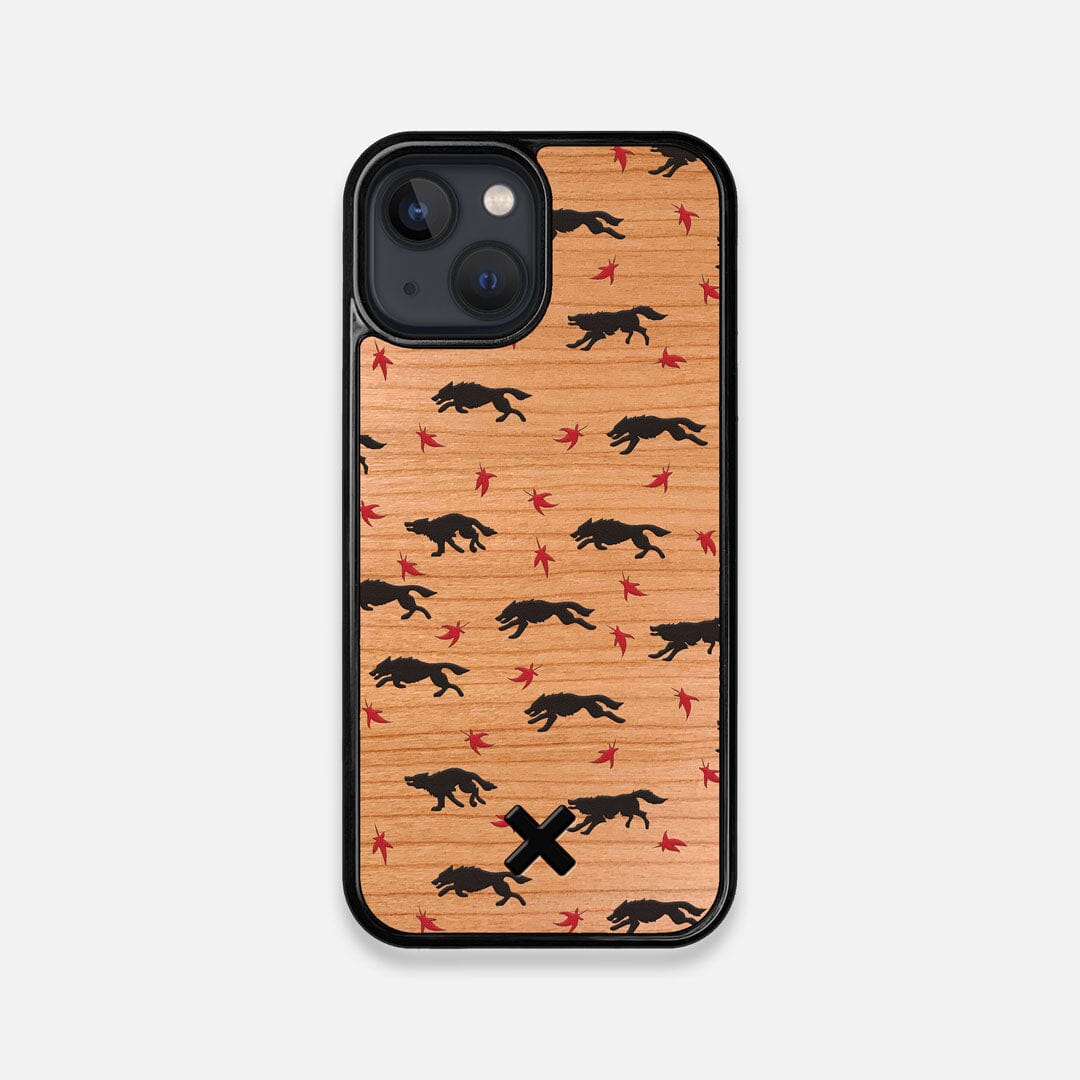 Front view of the unique pattern of wolves and Maple leaves printed on Cherry wood iPhone 13 Mini Case by Keyway Designs