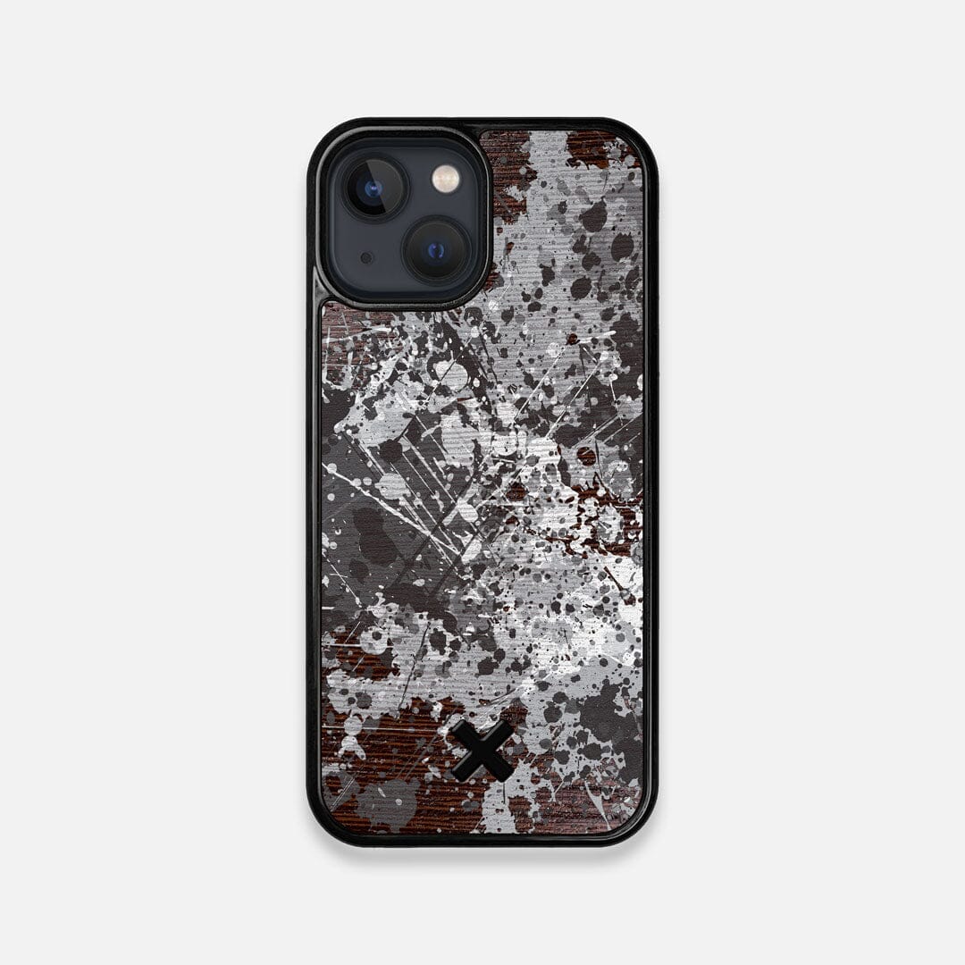 Front view of the aggressive, monochromatic splatter pattern overprintedprinted Wenge Wood iPhone 13 Mini Case by Keyway Designs