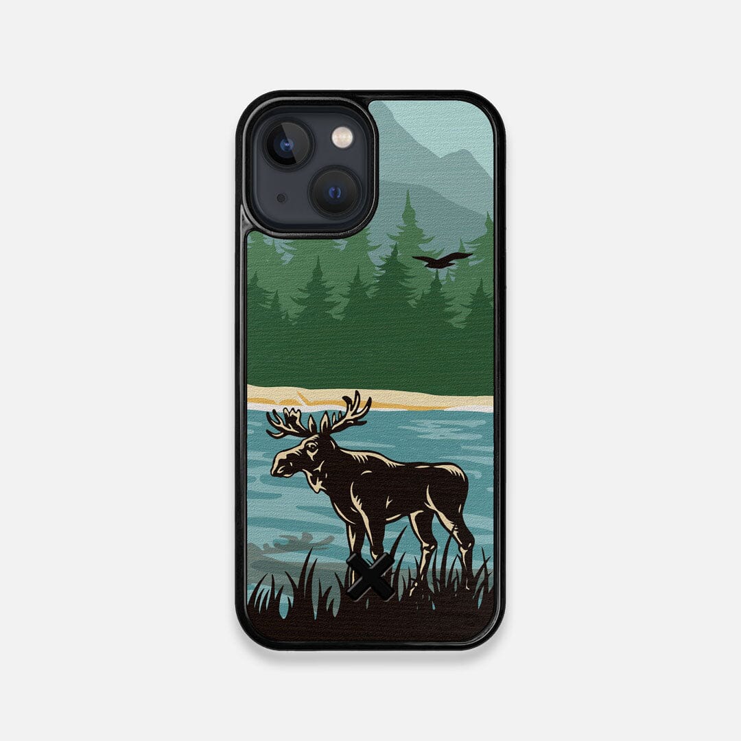 Front view of the stylized bull moose forest print on Wenge wood iPhone 13 Mini Case by Keyway Designs