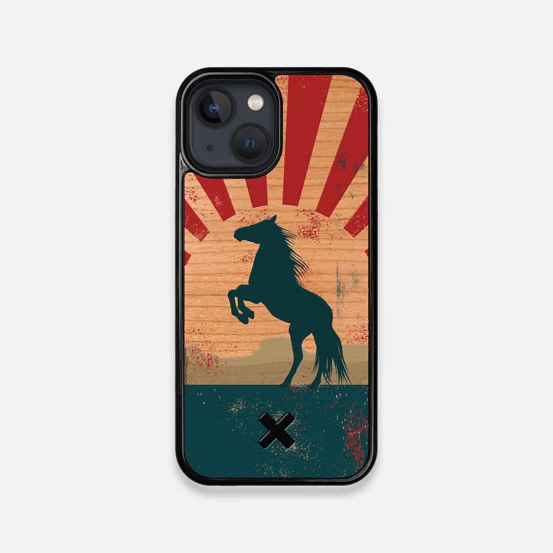 Front view of the epic mustang rearing up printed on Cherry wood iPhone 13 Mini Case by Keyway Designs