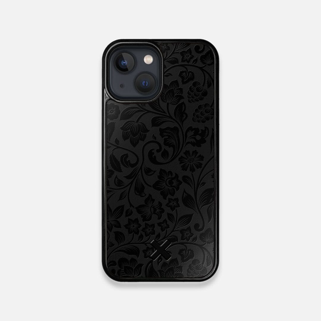 Front view of the highly detailed midnight floral engraving on matte black impact acrylic iPhone 13 Mini Case by Keyway Designs