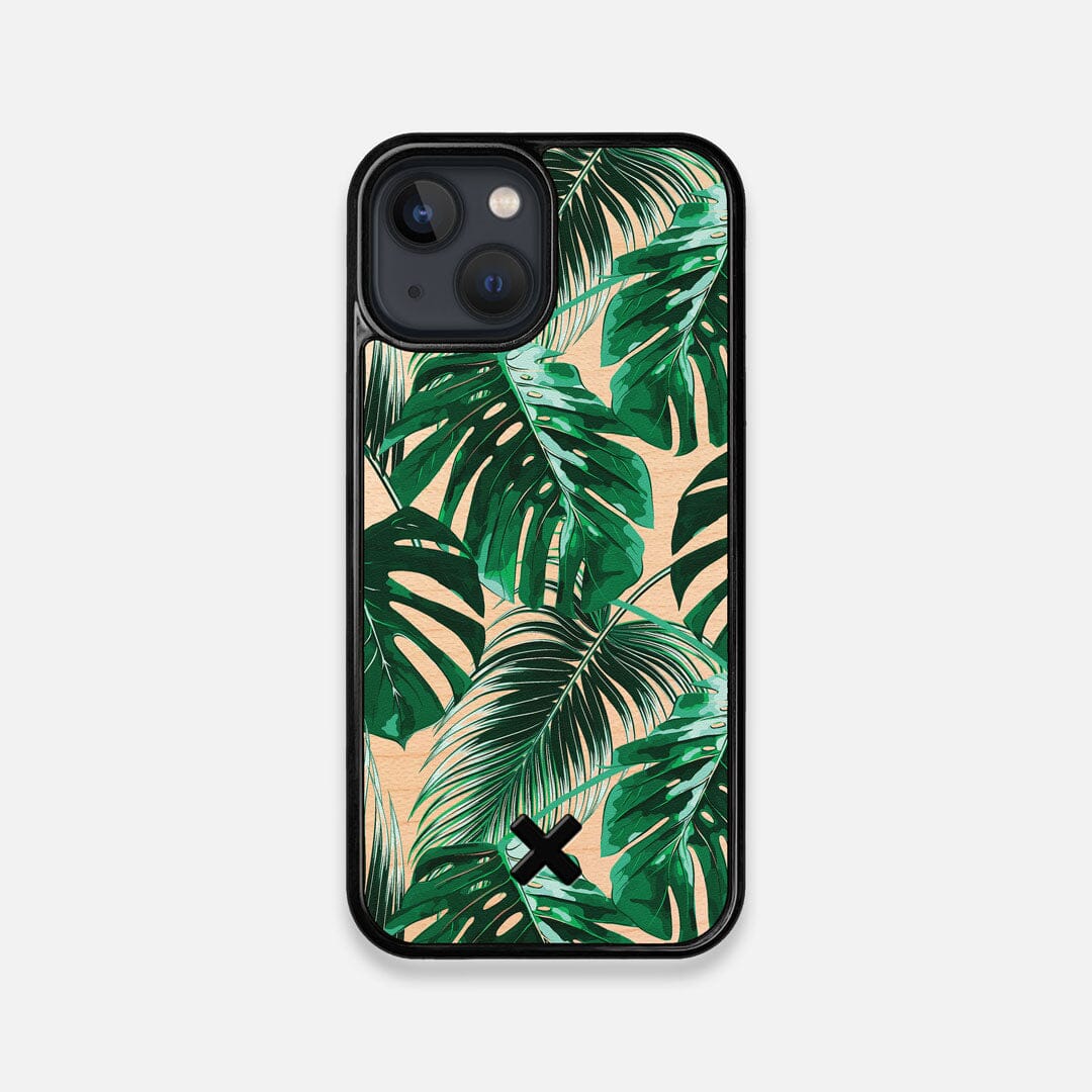 Front view of the Palm leaf printed Maple Wood iPhone 13 Mini Case by Keyway Designs