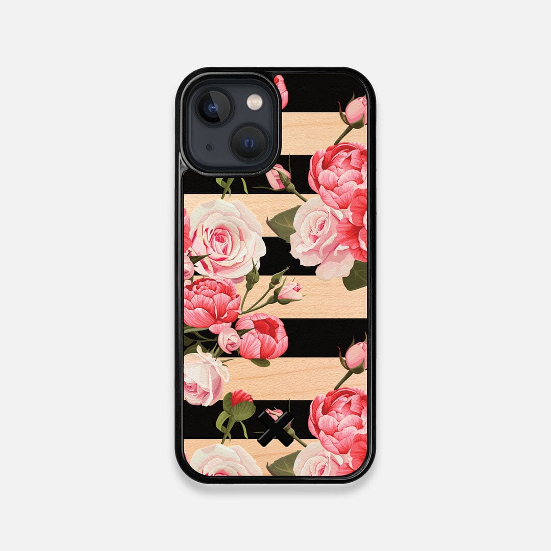 Front view of the artsy print of stripes with peonys and roses on Maple wood iPhone 13 Mini Case by Keyway Designs