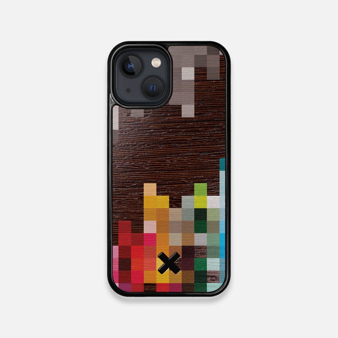 Front view of the digital art inspired pixelation design on Wenge wood iPhone 13 Mini Case by Keyway Designs