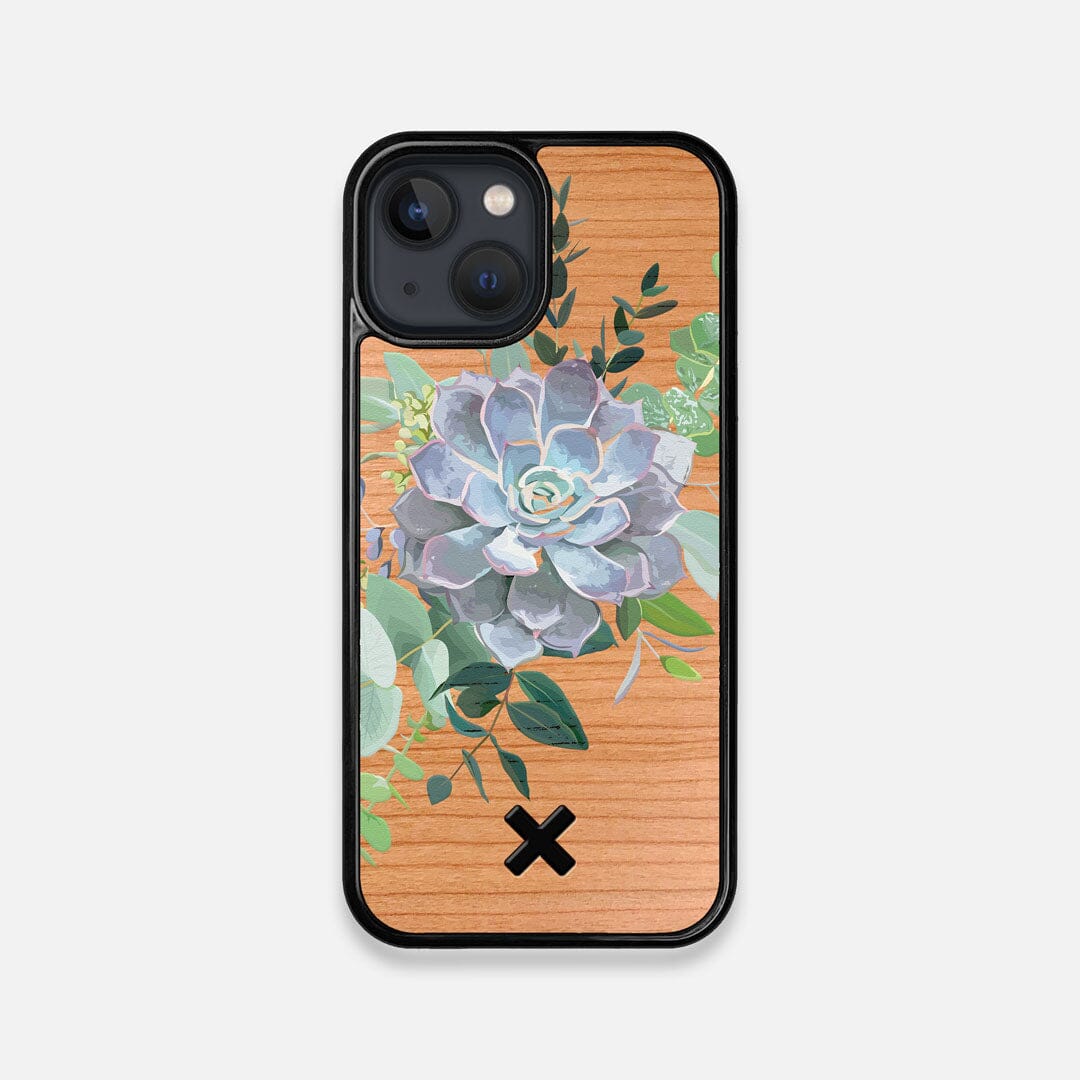 Front view of the print centering around a succulent, Echeveria Pollux on Cherry wood iPhone 13 Mini Case by Keyway Designs