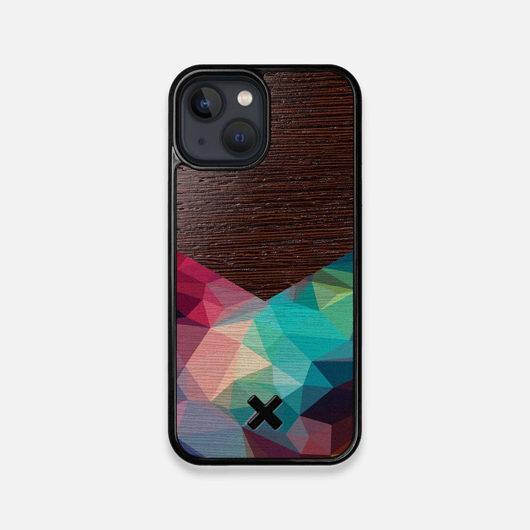Front view of the vibrant Geometric Gradient printed Wenge Wood iPhone 13 Mini Case by Keyway Designs