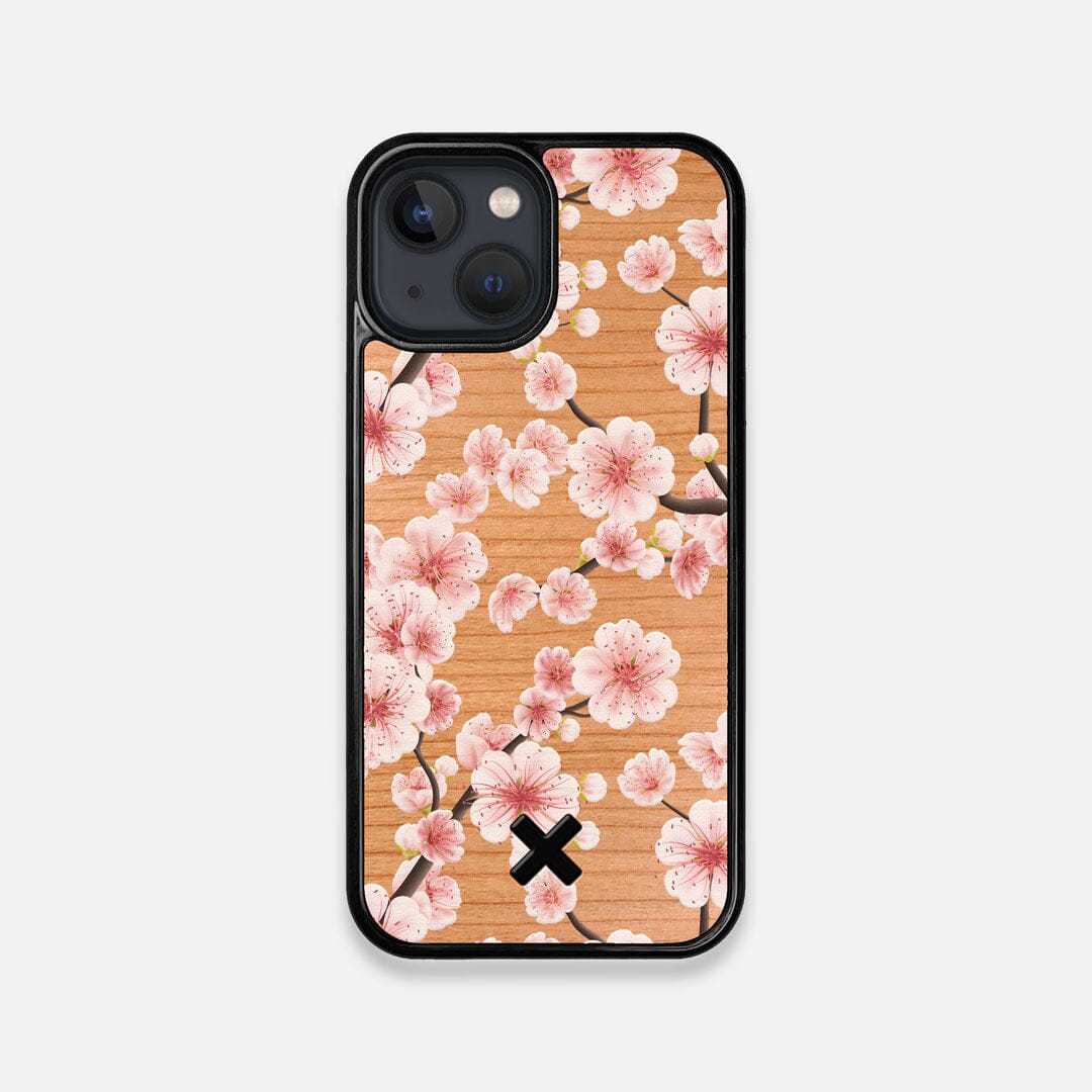 Front view of the Sakura Printed Cherry-blossom Cherry Wood iPhone 13 Mini Case by Keyway Designs