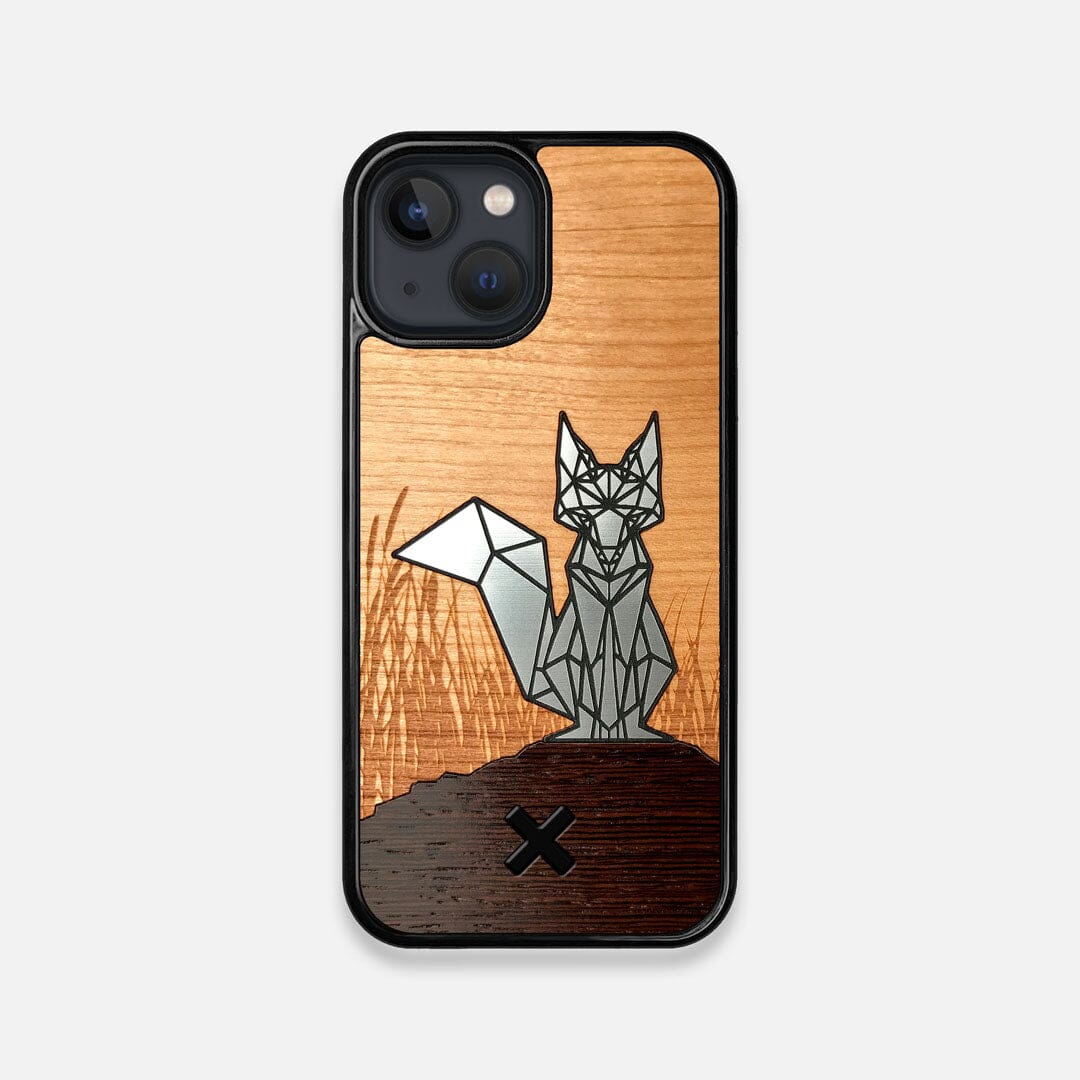Front view of the Silver Fox & Cherry Wood iPhone 13 Mini Case by Keyway Designs