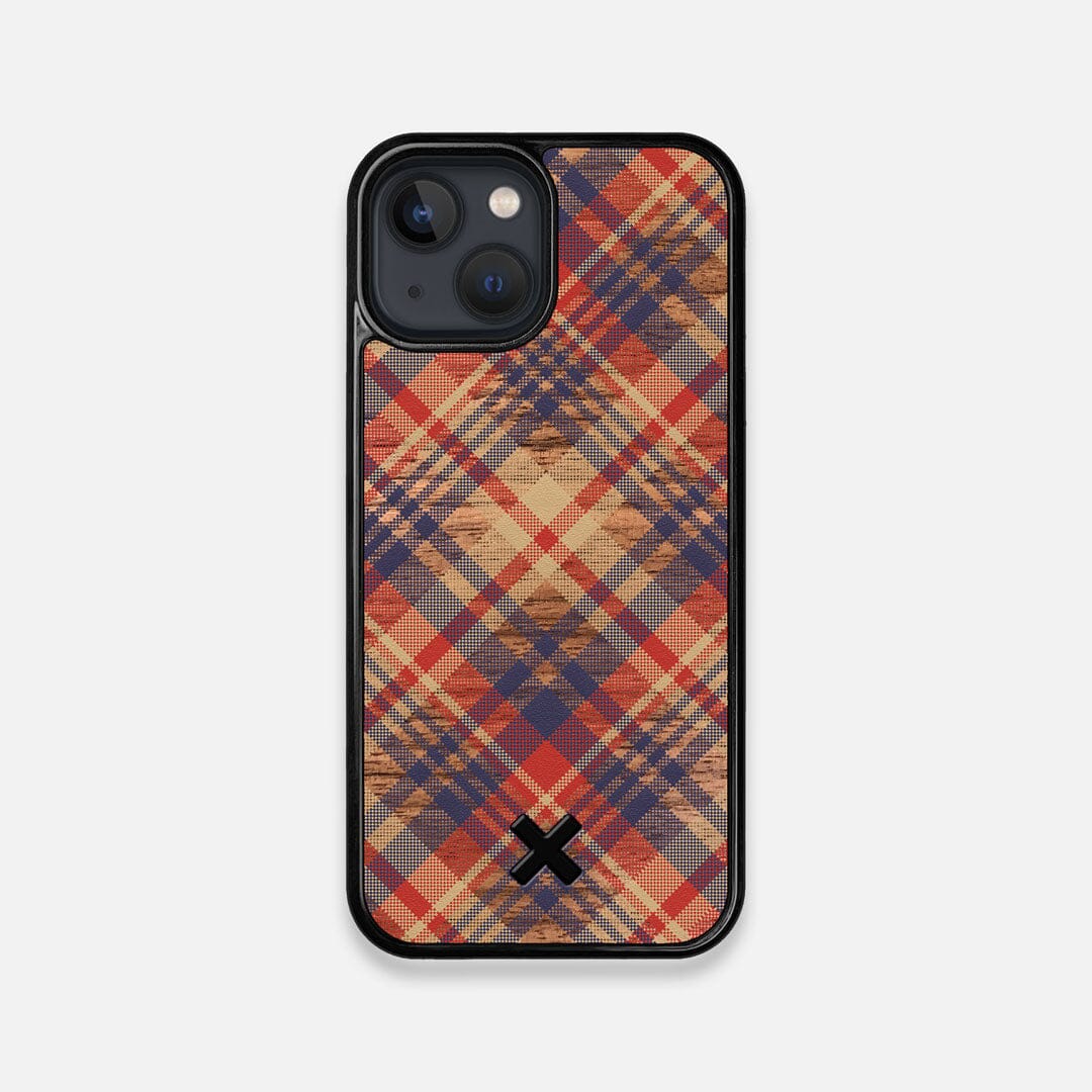 Front view of the Tartan print of beige, blue, and red on Walnut wood iPhone 13 Mini Case by Keyway Designs