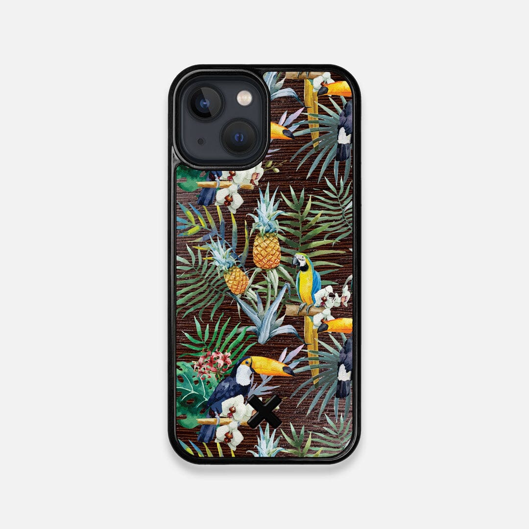 Front view of the Tropic Toucan and leaf printed Wenge Wood iPhone 13 Mini Case by Keyway Designs