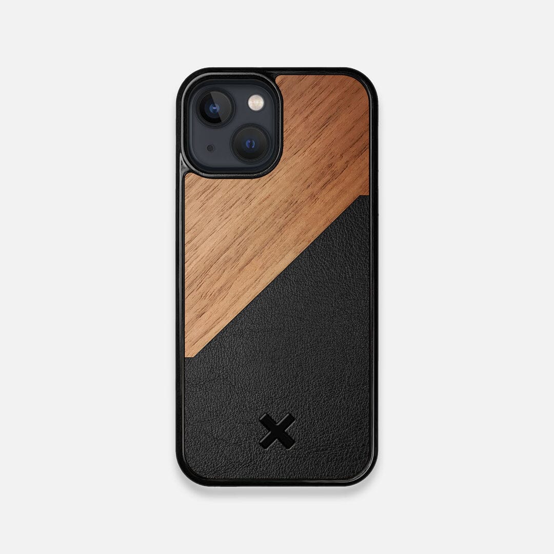 Front view of the Walnut Rift Elegant Wood & Leather iPhone 13 Mini Case by Keyway Designs